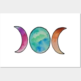 Triple moon goddess symbol in rainbow colors watercolor painting Posters and Art